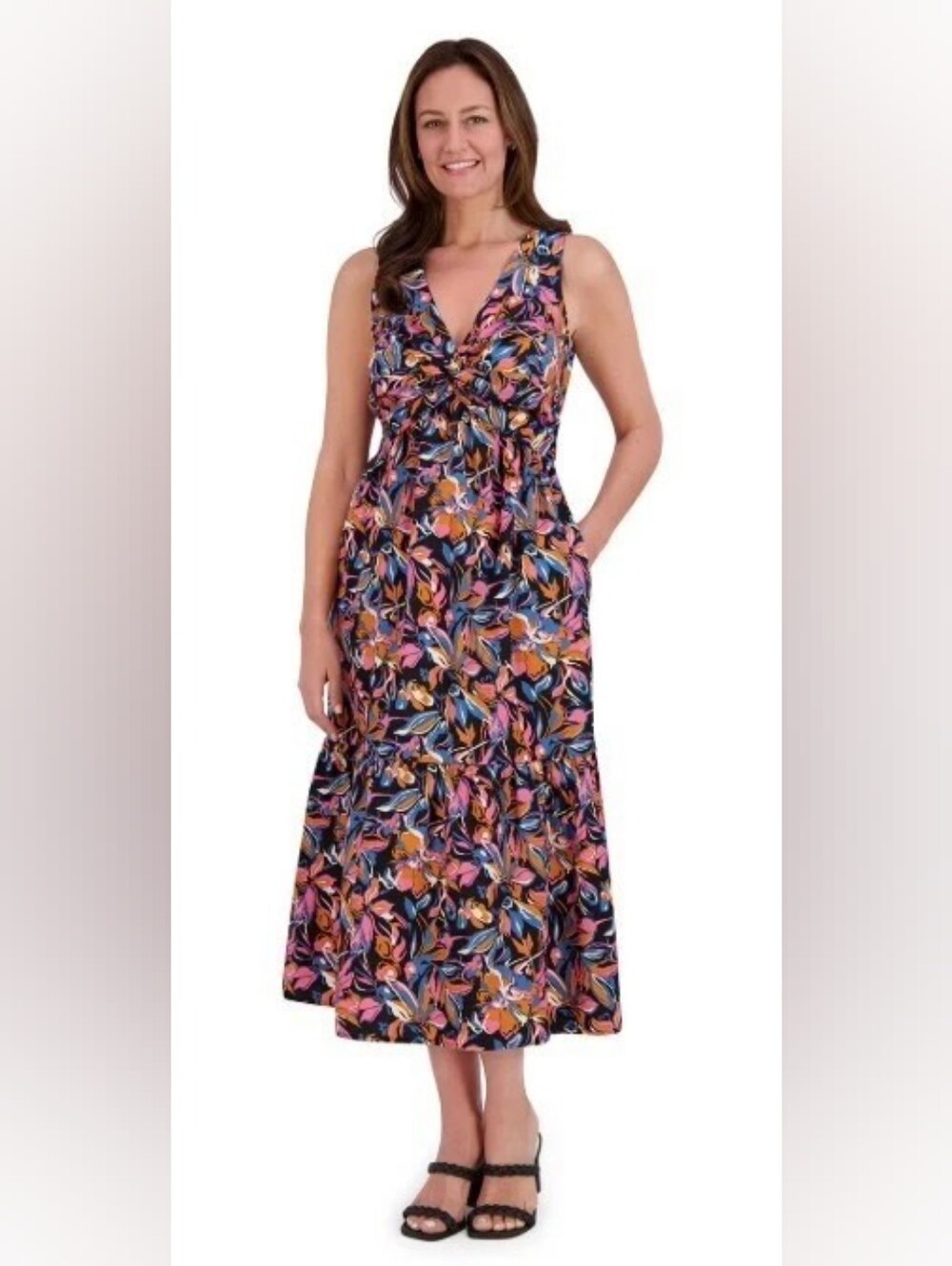 French Connection Women's Twist Front Dress, Flowy Sleeveless Maxi Dress sz XL